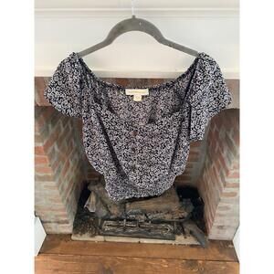 Monteau Los Angeles Size M Black White Off Shoulder Peplum Top Puff Sleeve